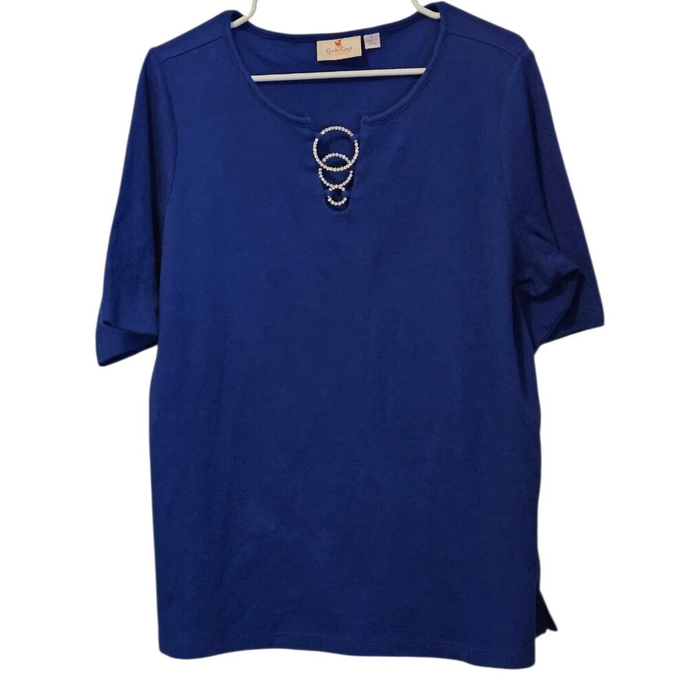 Quacker Factory by Jeanne Bice Blue Tunic Rhinestone Ring Neckline Detailed Top